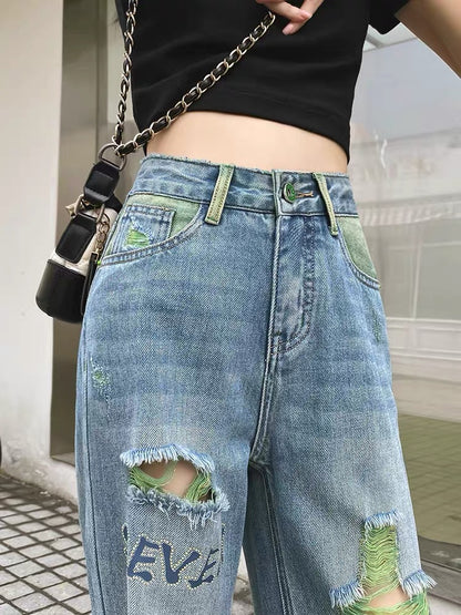 Ripped Jeans Women's Straight Leg Wide Leg Pants Premium Drape 2023 Autumn New High Waist Contrast Color Embroidered Floor Pants (P139)