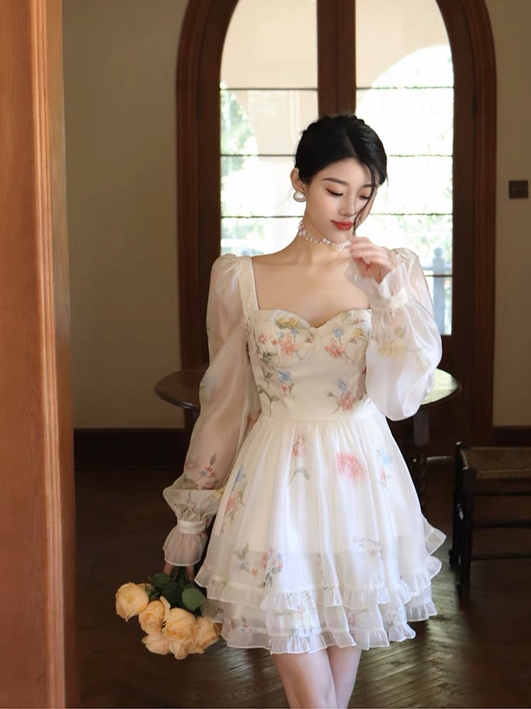 Thirteen and Little French Dress Women's Spring Waist Square Neck Long Sleeve Cake Dress White Floral Skirt