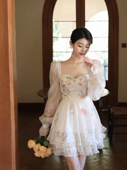 Thirteen and Little French Dress Women's Spring Waist Square Neck Long Sleeve Cake Dress White Floral Skirt