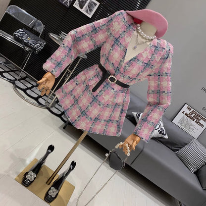 Gentle style ladylike high-end exquisite pink plaid woven small fragrance French V-neck loose long-sleeved jacket T7970