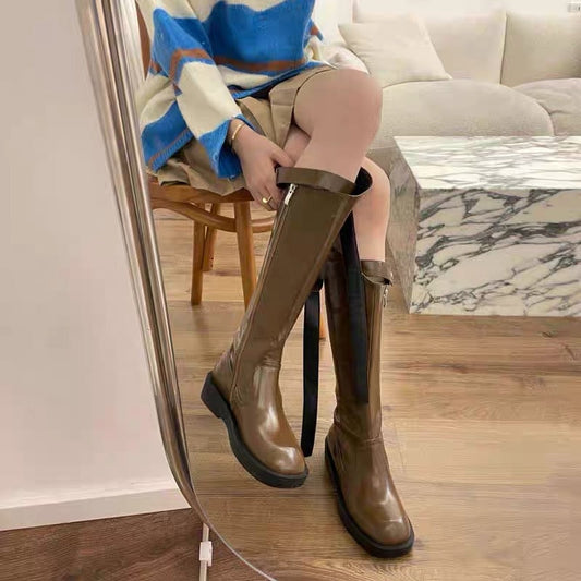 Retro British style knight boots women's 2023 autumn and winter new belt round toe western boots tassel thick bottom mid-tube boots