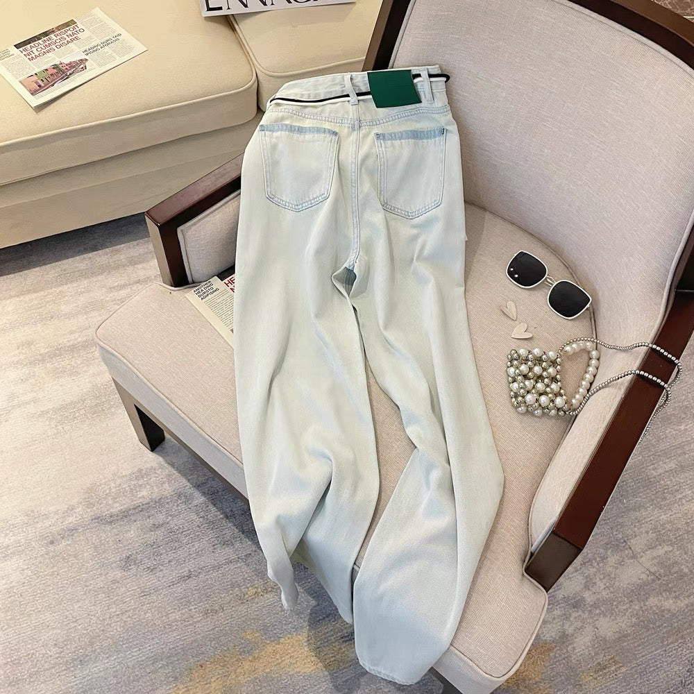 Design sense Hong Kong style washed high-waist straight wide-leg pants for women summer 2023 new chic loose floor-length long pants