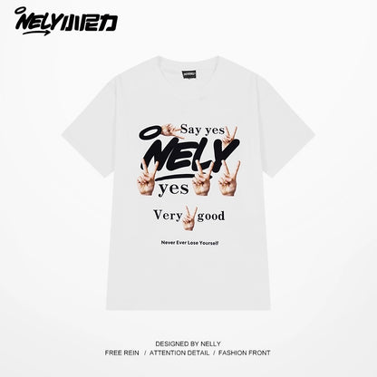 Nely Little Nely Lucky Letter Gesture Printed Short Sleeve T-shirt Unisex Round Neck T-shirt Couple Half Sleeve