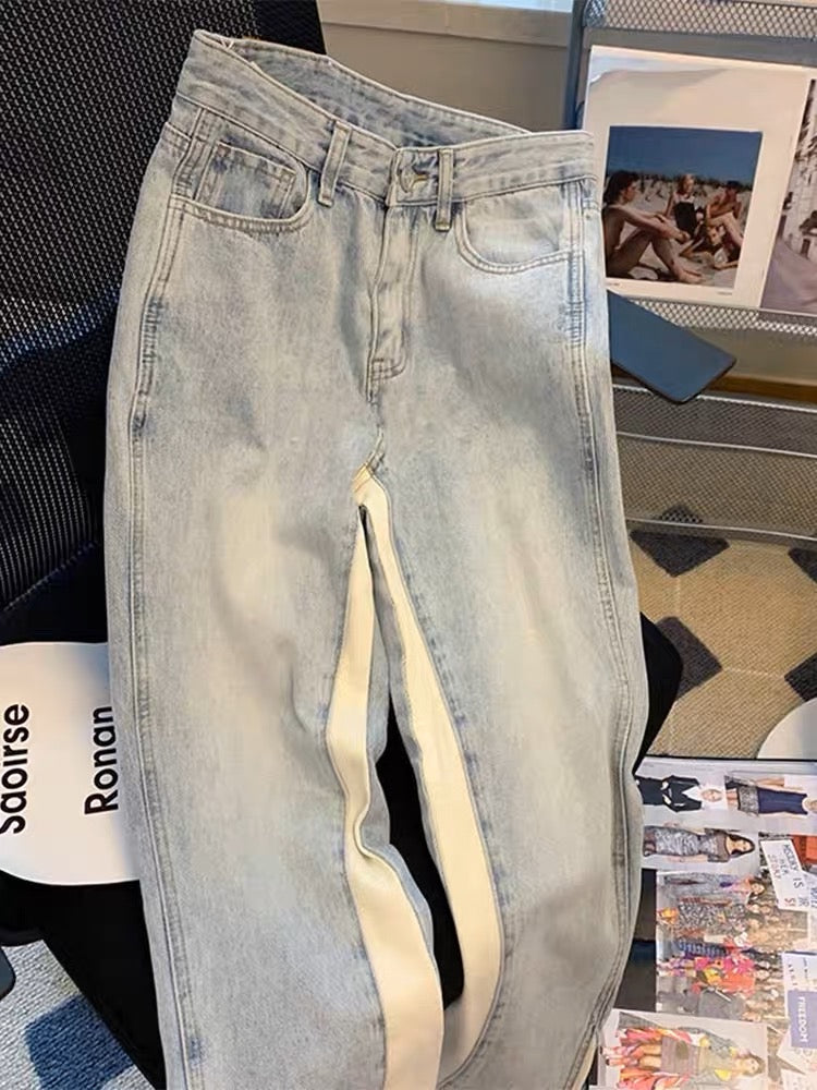American trendy brand letter embroidery high waist jeans for men and women summer vibe wind drape slim casual wide leg pants