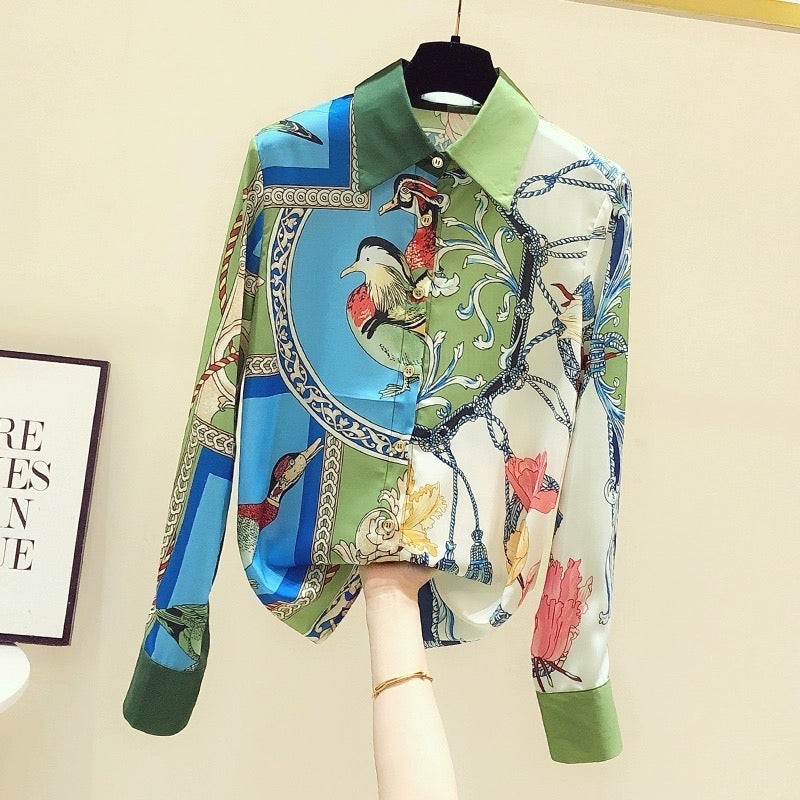 Retro Hong Kong style contrast color shirt women's high-end niche chiffon long-sleeved top 2023 spring and autumn new design sense