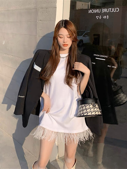 2023 new summer Korean style short-sleeved French retro Hepburn style raw edge tassel black T-shirt dress for women