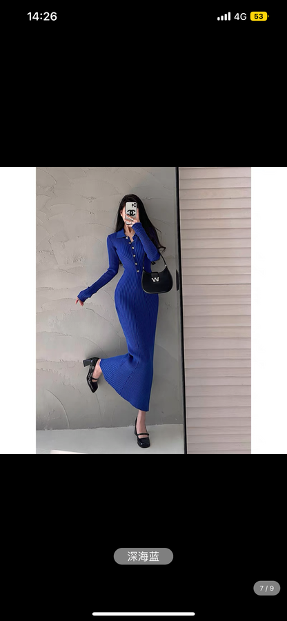 YoungGirlDay Pure Sexy Sexy Slim Lapel Long Sleeve Knitted Buttocks Fishtail Dress Long Skirt (B1810)