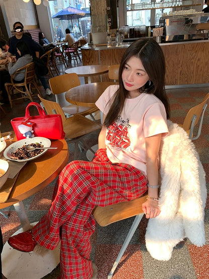 Luoluo Xianjie niche tops 2025 new early spring short-sleeved T-shirts for women with small size loose pink print