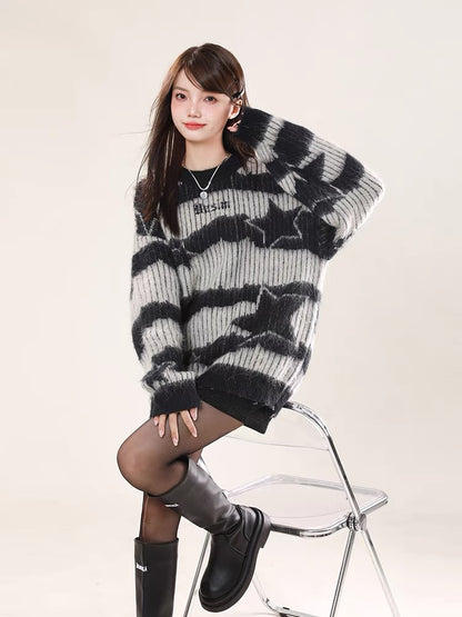 Big sim small sim contrasting striped sweater autumn and winter women's lazy style high-end American retro loose pullover top V1163