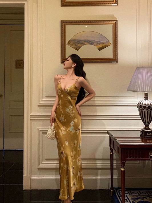 Ge Fuwen New Chinese style satin suspender dress female 2024 new retro temperament printed waist long skirt