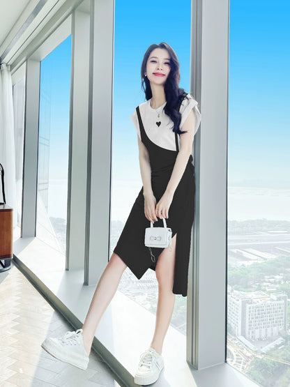 Black dress women's summer fake two-piece long skirt casual niche skirt summer women 2024 new small