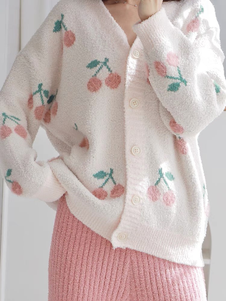 Beautiful things of the season~shui women's autumn and winter cherry cardigan coral velvet winter thickened velvet suit (B4911)