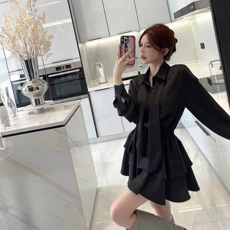 2023 new autumn Korean design lapel black shirt dress waist slimming short skirt for women (D022)