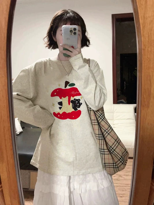100% cotton American retro Hong Kong style chic straight shoulder long-sleeved T-shirt women's loose lazy niche design top