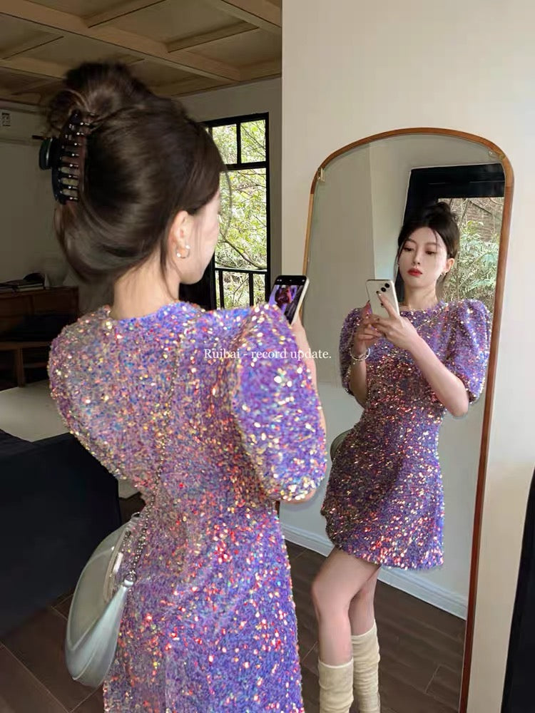 French platycodon Hepburn style bright sparkling puff sleeve dress women's summer light luxury style high-end short skirt