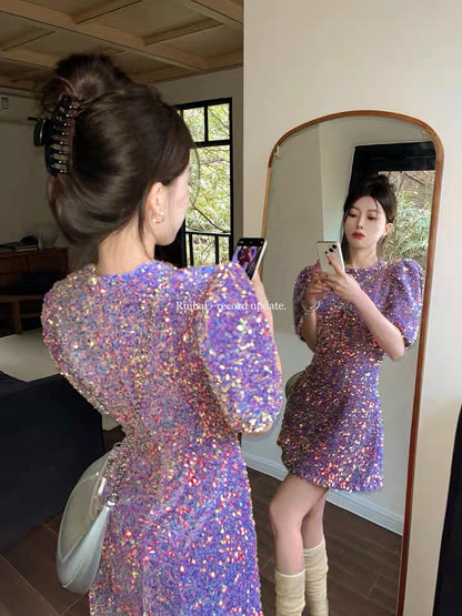 French platycodon Hepburn style bright sparkling puff sleeve dress women's summer light luxury style high-end short skirt