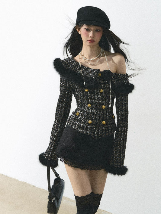 Shao Ye Yan Fa Xiang Hela Xiao Xiang style western-style plaid coat women autumn and winter long sleeve oblique shoulder slim hot girl top