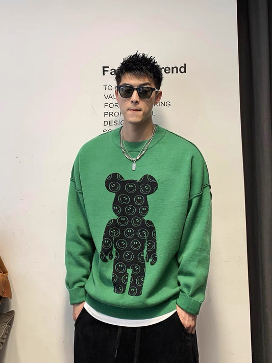 Xu Tailang green reversible wear violent bear sweater men's thickened autumn and winter round neck knitted bottoming shirt with long sleeves