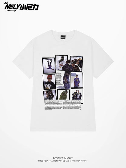 Nely American retro nine-square character photo short-sleeved T-shirt men's loose couple style street half-sleeve