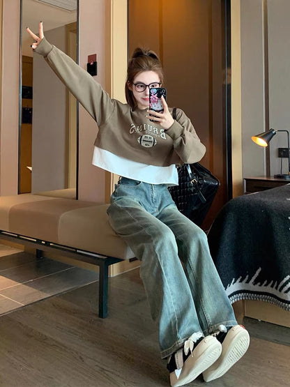 This year's popular Maillard wear fake two-piece short round neck sweatshirt for women in spring and autumn, high-end and super good-looking trendy tops (B6912)