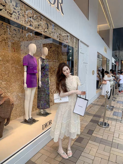 Fish Rabbit Rabbit V-neck Dress Women Summer 2023 New Tea Break Hollow Folds Drawstring Slim Slim