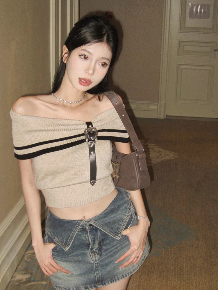 2023 Designed Hot Girl Style Versatile Off-Shoulder Lapel Buckle One-Shoulder Knitted Sweater Top
