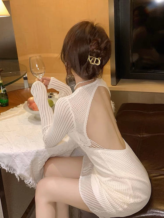 Pure lust style white dress for women 2023 autumn new style French socialite chic niche temperament backless super fairy skirt
