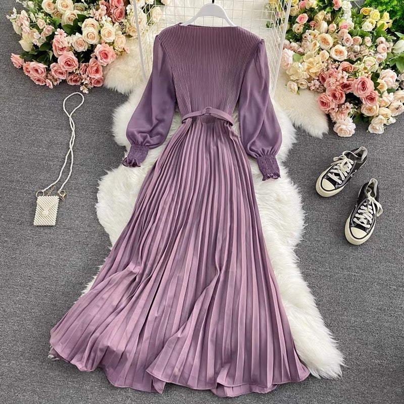 Light and familiar style high waist round neck dress spring and autumn new temperament pure color waist waist slimming big swing pleated long skirt