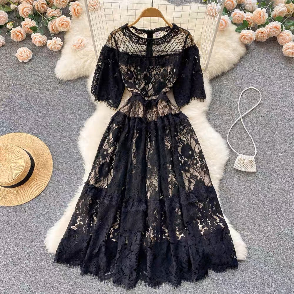2022 Spring and Summer New Lace Dress Women's Design Niche Loose Waist Temperament Dress Long Skirt