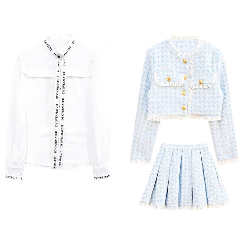 French celebrity temperament autumn and winter with a whole set of women's clothing professional small fragrant wind short coat pleated skirt