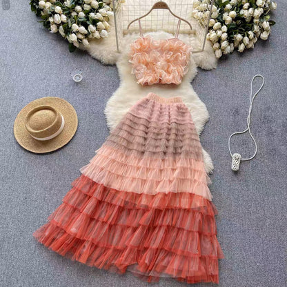 High-end lady suit female three-dimensional flower mesh camisole fairy mesh half-length skirt two-piece set (S0983)