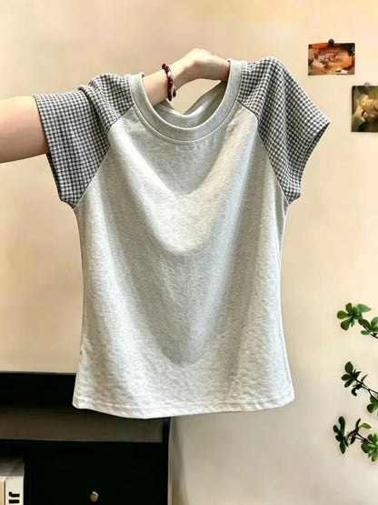 Shenzhen Nanyou Brand Women's Clothing ~ Round Neck Color Block Plaid Short Sleeve T-Shirt Summer Casual Style Slimming Design Top