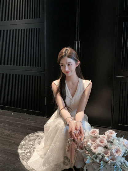 FairyJiang spring new style temperament lace embroidery v-neck white dress long slim waist skirt
