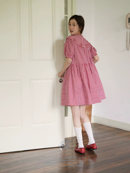 Nov elist One French-style ruffled collar dress for women, summer retro red plaid midi dress