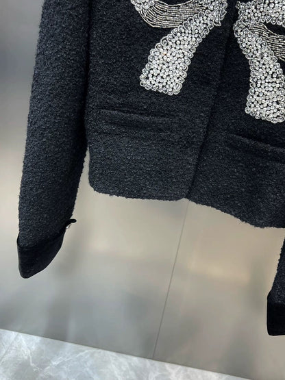 Net red pomelo MM 2023 autumn velvet lapel long-sleeved diamond-studded bead bowknot celebrity daughter style coat