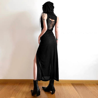SylCue Dune Wasteland Style Sexy Sleeveless Dress Women's Slim and Height Slit Hooded Long Skirt