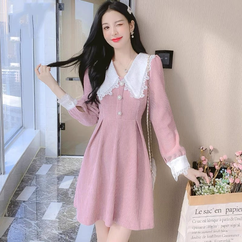 French lady doll collar pink dress for women autumn and winter 2023 new style high-end temperament chic petite dress
