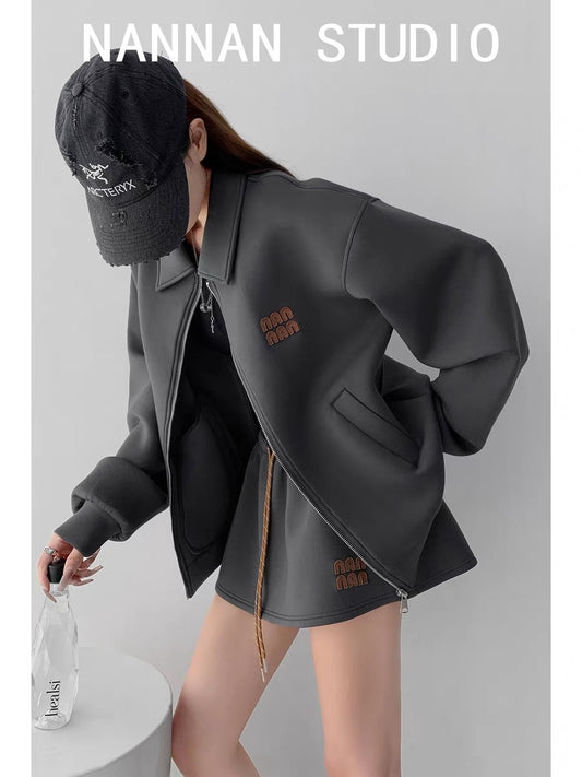 Unlimited repurchase! American loose air layer embroidery lapel sports sweatshirt women's drawstring high waist skirt suit