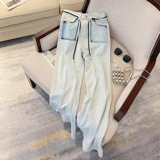 Design sense Hong Kong style washed high-waist straight wide-leg pants for women summer 2023 new chic loose floor-length long pants