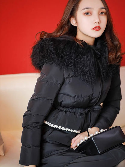 Nori French retro real fox fur collar hooded waist lace-up pearl slim fit thickened down jacket