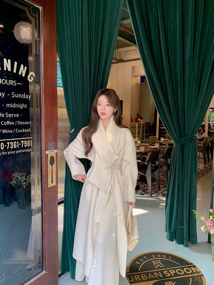 ByYou fully handmade floral wool white v-neck knitted dress long waisted thickened inner sweater skirt