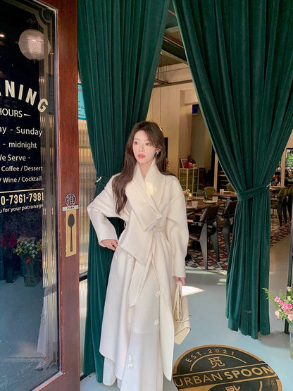 ByYou fully handmade floral wool white v-neck knitted dress long waisted thickened inner sweater skirt