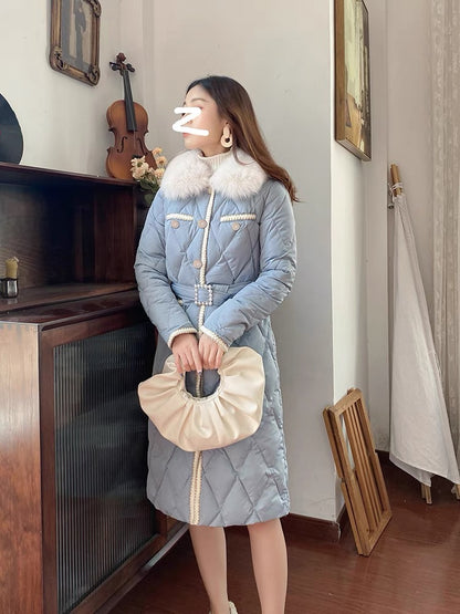 Nori Gentle Wind Down Cotton Jacket for Women Winter Retro Small Fragrance Style Real Fox Fur Collar Waist Mid-Length Cotton Jacket