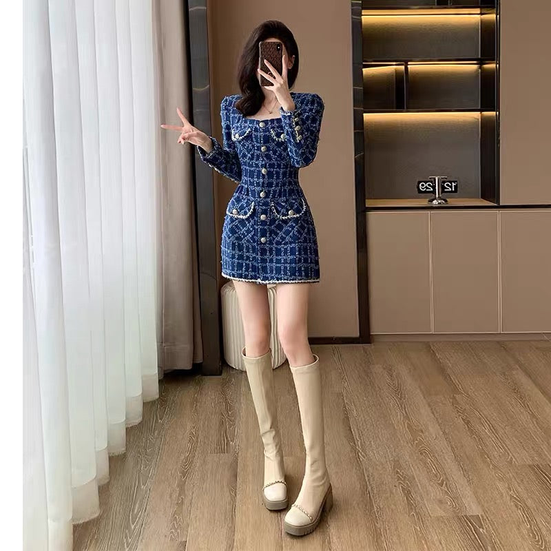 2023 new autumn and winter women's clothing small fragrant style high-end dress for small women slimming blue woolen skirt