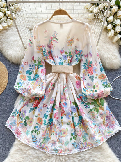 French retro temperament dress spring women's sweet lace V-neck buttoned slim short printed dress
