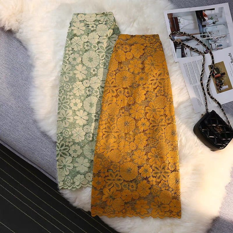 Avocado Green Lace Skirt Women's Summer Back Slit One-step Skirt Covering Hips Mid-Length High Waist Slimming A-Line Long Skirt