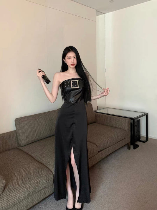 Black one-shoulder tube top dress for women in summer hot girl splicing skirt temperament and high-end slit A-line long skirt