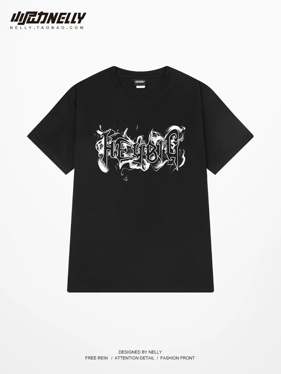 American high street heavy smoke letter short-sleeved T-shirt men and women summer loose round neck top trendy brand youth T-shirt