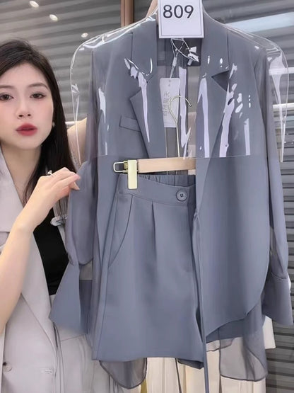 Autumn thin suit shorts suit women's high-end light luxury women's casual early autumn small fragrance style suit two-piece set