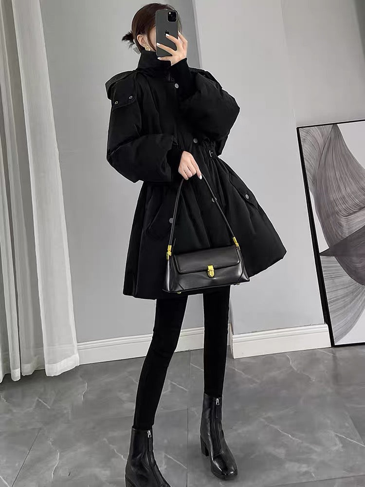 Black Down Jacket Women's Mid-Length 2023 New Winter Waist Slimming Pie Overcome White Duck Down Hooded Jacket